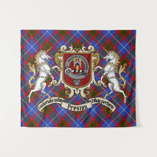 Preston Clan Badge & Unicorns w/Tartan Wandkleed (Voorkant (horizontaal))