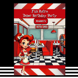 Pret 1950s Retro Diner Verjaardagsfeestje Rood Wit Kaart