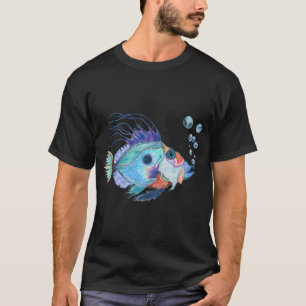 Pret-artimiteit met vissen in blauwe tropische dec t-shirt