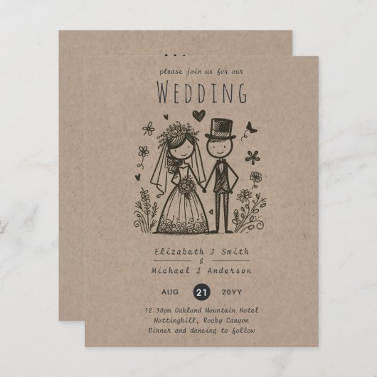 Pret Bruiloft Cartoon Bruid Bruidegom Handgetekend (Voorkant / Achterkant)