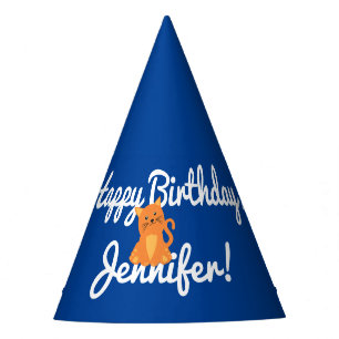 Pret Cute Cartoon Oranje Katje Op Blauwe Feest Feesthoedjes