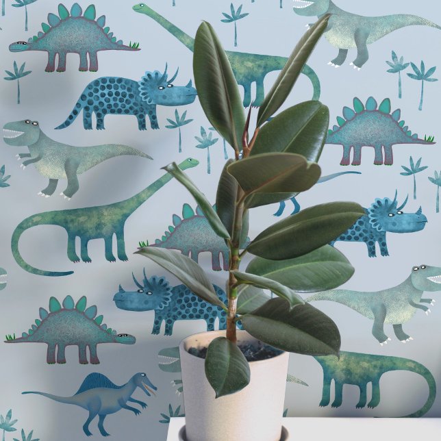 Pret-dinosauruspatroon blauw behang (Dinosaur Tyrannosaurus Rex Stegosaurus triceratops diplodocus blue kids peel and stick wallpaper)