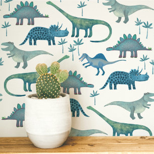 Pret-dinosauruspatroon blauw wit kinderen behang