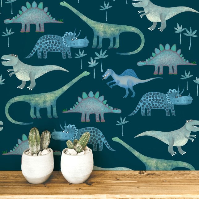 Pret-dinosauruspatroon donkergroen behang (Dinosaur Tyrannosaurus rex, stegosaurus, triceratops diplodocus teal green peel and stick wallpaper)