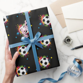 Pret Kleurrijke Voetbalballen Sportpatroon Op Zwar Cadeaupapier