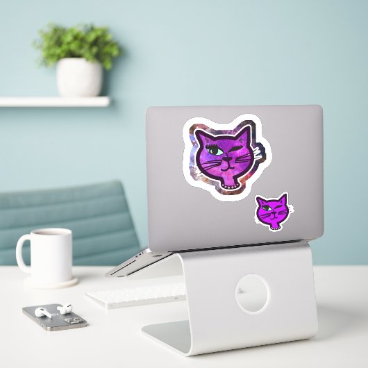 Pret Kosmos Glitter Knipogende Kat Sticker (Laptop op bureau)