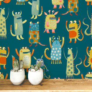 Pret-leuke Monsters Patroon Turkoois Groen Behang
