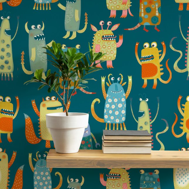 Pret-leuke Monsters Patroon Turkoois Groen Behang (Fun monster pattern wallpaper)