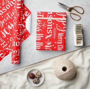 Pret Moderne Rood & Wit Kerst Script Cadeaupapier