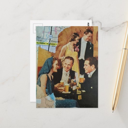 Pret-Retrofeest Mixed Media Collage Briefkaart (Voorkant / Achterkant in situ)