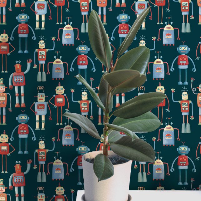 Pret robotpatroon turkoois groen behang (Fun robot pattern teal green wallpaper for nursery and kids room decor)