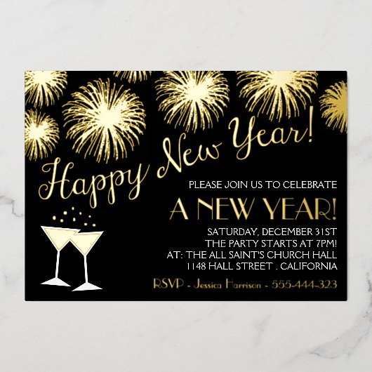 Pret & trendy oudjaarsfeest Feestelijk echt Folie Uitnodiging (Voorkant)