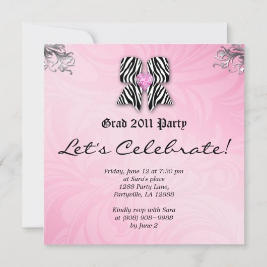 Pret Verjaardagsfeest Uitnodiging Zebra Strik Roze (Achterkant)