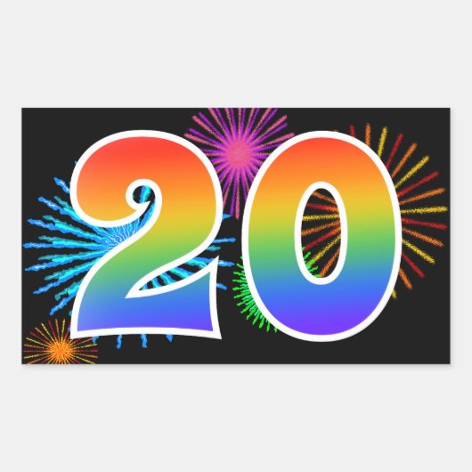 Pret vuurwerk + regenboogpatroon "20" evenement-nu rechthoekige sticker (Voorkant)