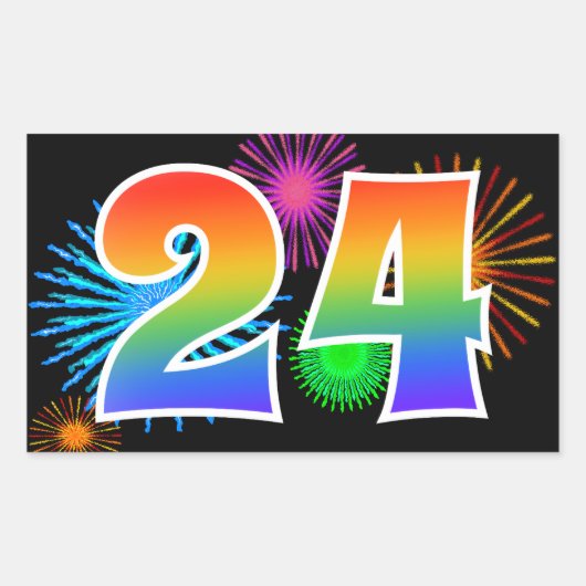 Pret vuurwerk + regenboogpatroon "24" evenement-nu rechthoekige sticker (Voorkant)
