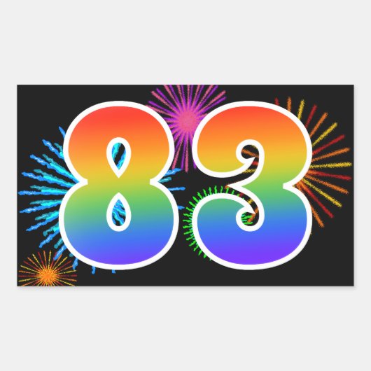 Pret vuurwerk + regenboogpatroon "83" Evenementnum Rechthoekige Sticker (Voorkant)