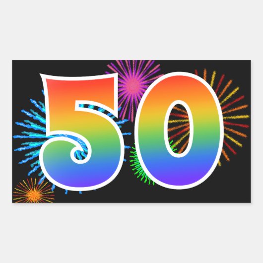 Pretbed Pyrotechniek + Regenboog Patroon "50" Even Rechthoekige Sticker (Voorkant)