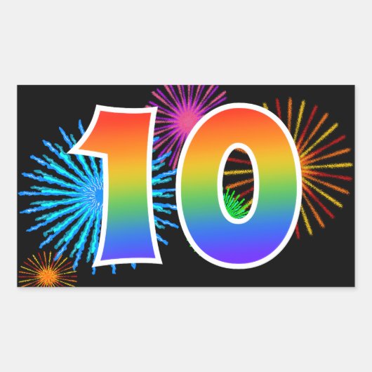 Pretbed pyrotechniek + Regenboogpatroon "10" Evene Rechthoekige Sticker (Voorkant)