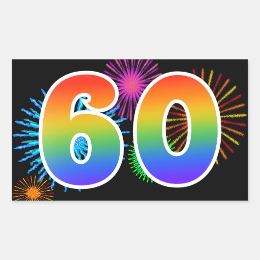 Pretbed pyrotechniek + Regenboogpatroon "60" Evene Rechthoekige Sticker (Voorkant)
