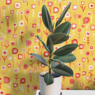 Pretentieloos Retro Geel Bloemmotief Behang