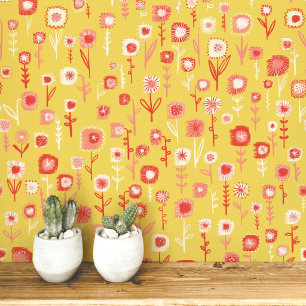 Pretentieloos Retro Geel Bloemmotief Behang