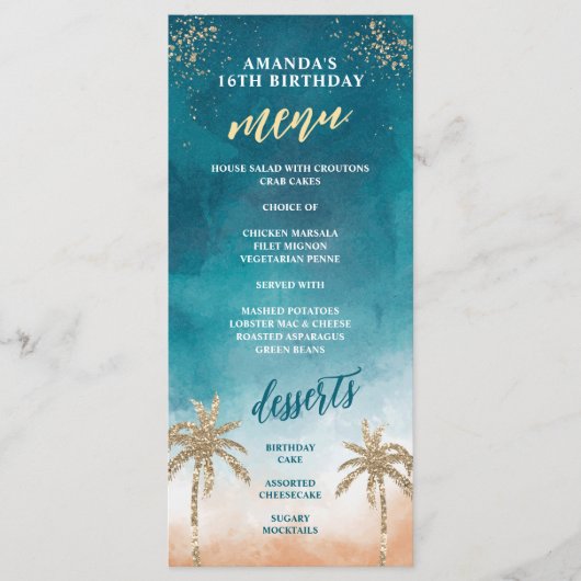 Pretentieloos strand turquoise en gouden menu (Voorkant)