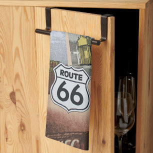 Pretentieloze kleurrijke Route 66 collagepatroon Theedoek