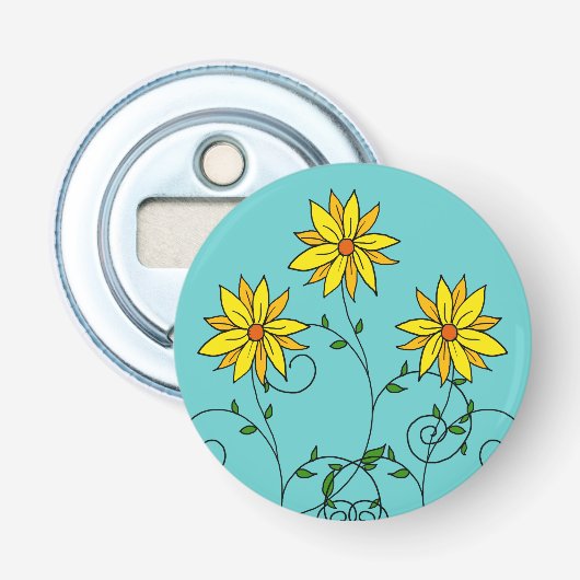 Pretentieloze vrolijke gele bloemen Doodle Kunst Button Flesopener (Voorkant)