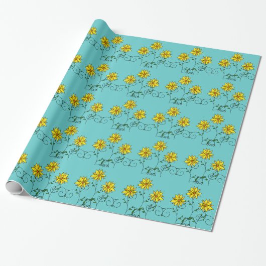 Pretentieloze vrolijke gele bloemen Doodle Kunst Cadeaupapier (Uitgerold)