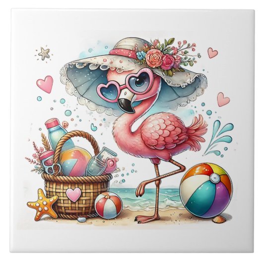 Pretig roze flamingo op het strand tegeltje (Voorkant)