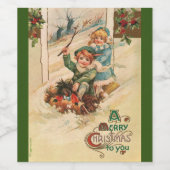 pretkerst, kinderen in slee wijn etiket (Enkel label)