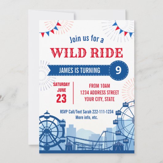 Pretpark verjaardagsuitnodiging kaart (Voorkant)