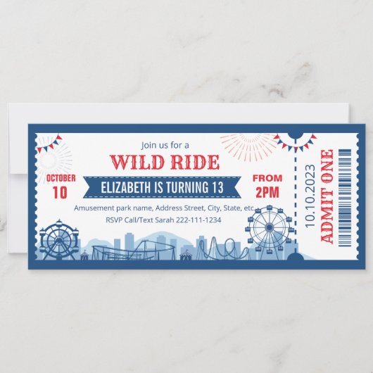 Pretpark verjaardagsuitnodigingsticket kaart (Voorkant)