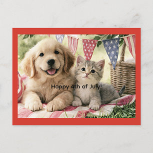 Prettig 4 juli, schattige puppy en tabby kat, feestdagenkaart