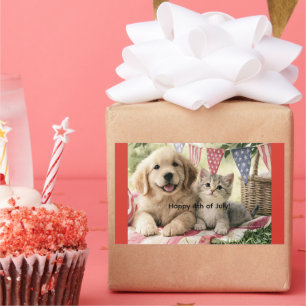 Prettig 4 juli, schattige puppy en tabby kat, rechthoekige sticker