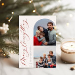 Prettig Alles 2 Foto Familie Feestdagenkaart<br><div class="desc">Prettig Alles,  boog en vierkant frame,  2 foto kerstkaart. Kenmerken: effen rode achtergrondkleur.</div>