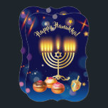 Prettig Chanoeka Lichtjesfeest Kaart<br><div class="desc">Uitnodiging voor Feestelijke Hanukkah Lichtjesfeest. Mooie Joodse Feestdag Luxe Uitnodiging of Wenskaart. Gelukkige Hanukkah tekst (schrift) Joodse Feestdag Hanukkah Bokeh lichten achtergrond met traditionele Chanukah symbolen - houten dreidels (tollen), zoete donuts, gouden hanukkiah menorah, kaarsen, davidster en gloeiende lichten behang blauw marineblauw kleur patroon, Gouden Lijst. Hanukkah Feest Decoratie. Jeruzalem,...</div>