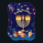 Prettig Chanukka Feest der Lichten Kaart<br><div class="desc">Uitnodiging voor Happy Hanukkah Lichtjesfestival Feest. Mooie Joodse Feestdag Luxe Uitnodiging of Wenskaart. Happy Hanukkah tekst (schrift) Joodse Feestdag Hanukkah Bokeh lichten achtergrond met traditionele Chanukah symbolen - houten dreidels (tollend), zoete donuts, gouden hanukkiah menorah, kaarsen, davidster en gloeiende lichten behang blauw marineblauw kleur patroon, Gouden Lijst. Hanukkah Festival Decoratie....</div>