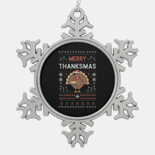 Prettig Dankfeest Kerstmis Thanksgiving Kalkoen Tin Sneeuwvlok Ornament