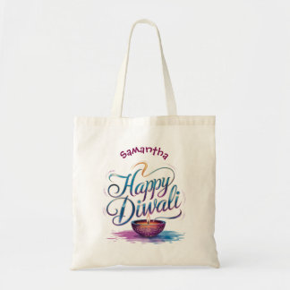 Prettig Divali aanpasbaar waterverf diya ontwerp Tote Bag