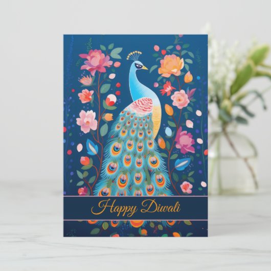Prettig Divali Pauw en Bloemen Kaart (Staand voorkant)