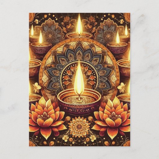 Prettig Diwali Mandala Diya Lotus Lichtfestival Feestdagenkaart (Voorkant)