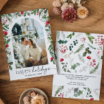 Prettig feest 1 Foto Botanische boog Modern Feestdagenkaart<br><div class="desc">Deze collectie bevat aquarel rode bloemen,  bessen en wintergroen met moderne en elegante typografie,  met een winterbotanisch patroon aan de achterkant.</div>