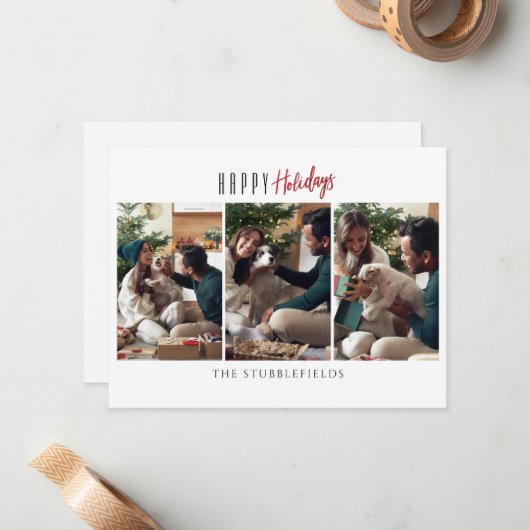 Prettig feest 3 familiefoto's kerstgroeten notitiekaartje (Voorkant / Achterkant in situ)