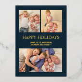 Prettig feest 3 Foto Collage Navyblauw Goud  Folie Feestdagenkaart (Voorkant)