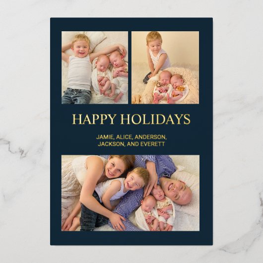 Prettig feest 3 Foto Collage Navyblauw Goud  Folie Feestdagenkaart (Voorkant)