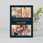 Prettig feest 3 Foto Collage Navyblauw Goud  Folie Feestdagenkaart (Staand Voorkant)