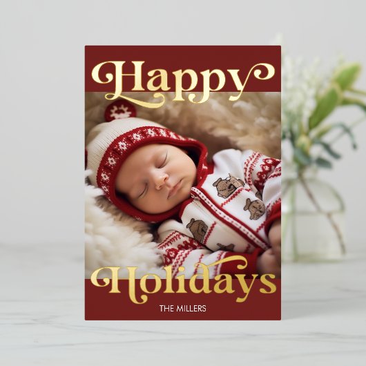 Prettig feest, baby's eerste kerstfeest Traditione Folie Feestdagenkaart (Staand Voorkant)