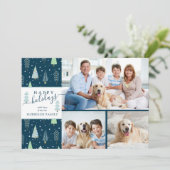 PRETTIG FEest Blauw Groene Bomen Script 3 Foto's Feestdagenkaart (Staand voorkant)