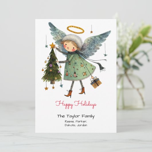 Prettig feest met grillige engel en boom feestdagenkaart (Staand voorkant)